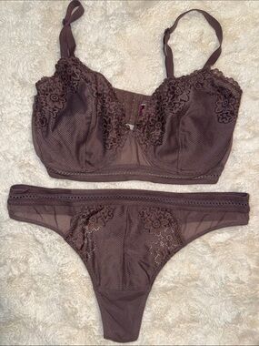 Adore Me Lace Trim Underwire Bra & Thong Set - Deep Plum